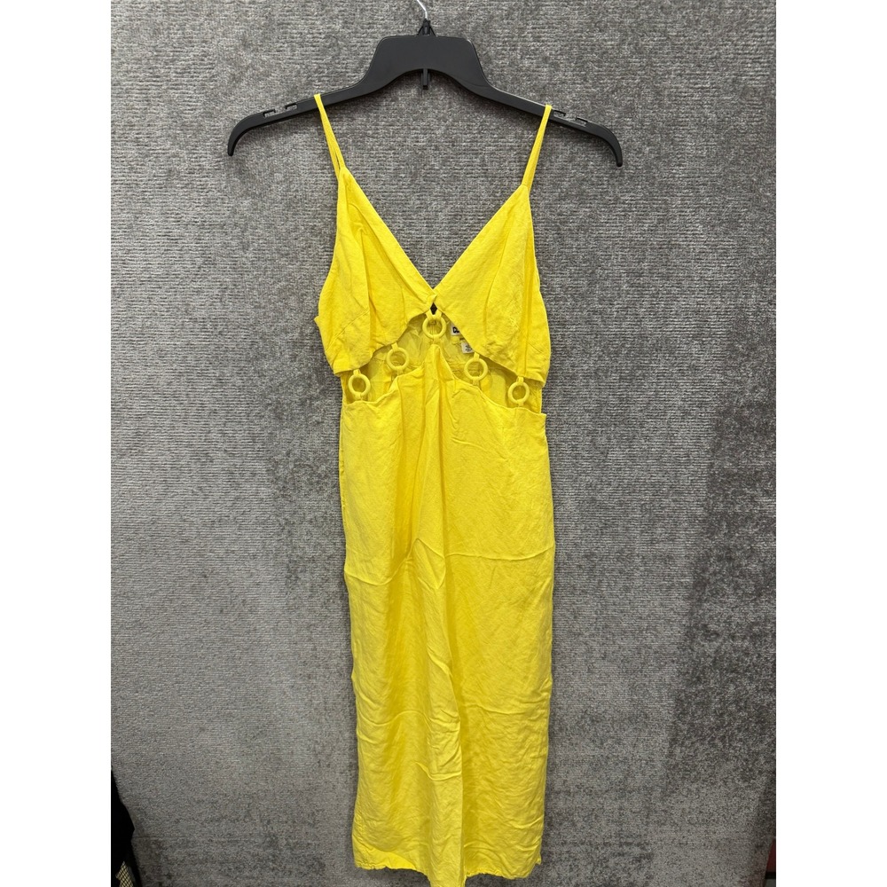Future Collective Women Dress 2 Yellow Linen Blend Ring Cut-Out Midi Sundress - Picture 3 of 7